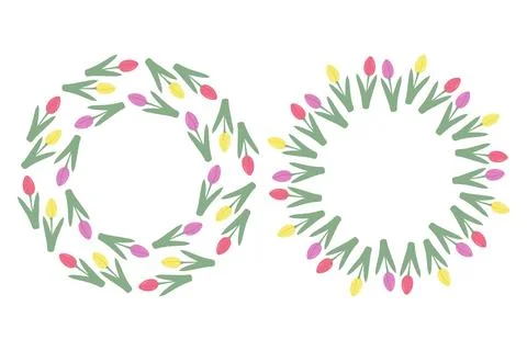 Colorful Tulips Round Frames border in trendy springtime shades. Set of 2 Stock Illustration