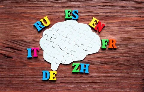 Colorful Two-Letter Language Codes Arranged around a Brain Puzzle 写真素材
