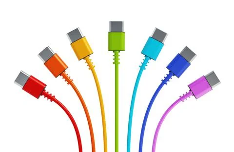 Colorful type C usb cables isolated on white background. 3D illustration Stock Illustration