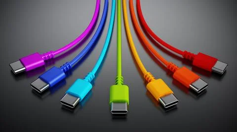 Colorful type C usb cables on dark background. 3D illustration Stock Illustration