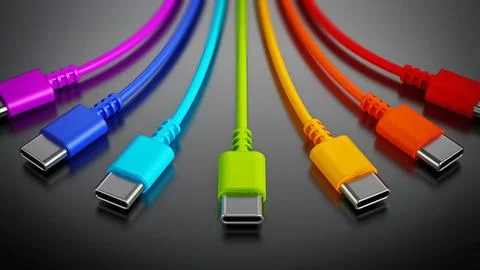 Colorful type C usb cables on dark background. 3D illustration Stock Illustration