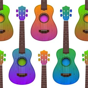 Colorful ukuleles seamless vector pattern. Hawaiian style musical background Stock Illustration