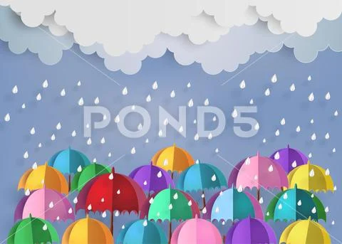Colorful umbrella in the air with raining. Stock Illustration