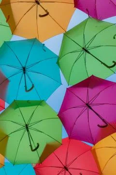 Colorful umbrellas on the street in Agueda, Aveiro - Portugal Stock Photos