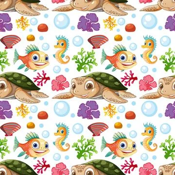 Colorful Underwater Creatures Seamless Pattern Illustrazione stock