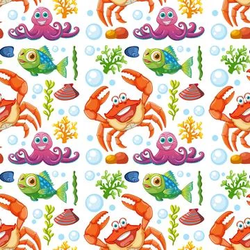 Colorful Underwater Creatures Seamless Pattern Stock Illustration