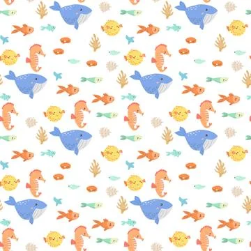 Colorful underwater pattern with whales, fish, seahorses, and coral Stock Illustration