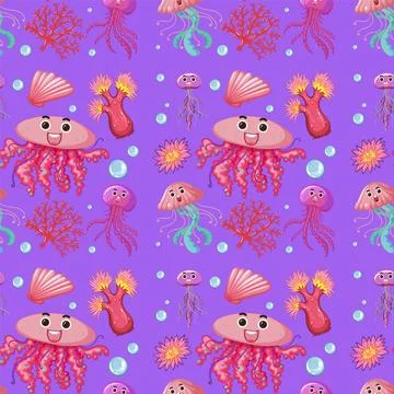 Colorful Underwater Sea Creatures Pattern Stock Illustration