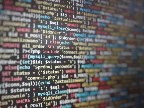 Colorful unique background. Programming PHP on laptop computer screen. Progra Stockfoto's