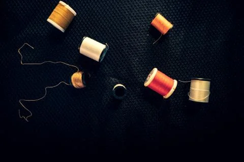 Colorful various spools of thread from sewing supplies Stock Photos