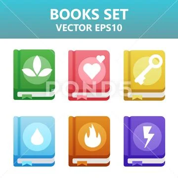 Colorful vector books with gaming symbols. Assets set for game design and w.. Stock Illustration