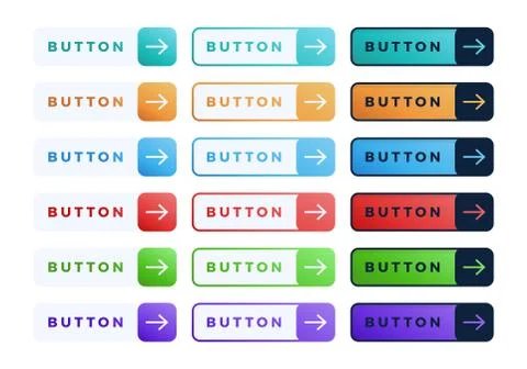 Colorful vector button set on white background. Three style Flat line gradien Stock Illustration