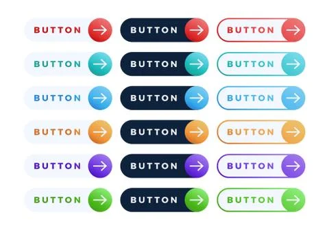 Colorful vector button set on white background. Three style Flat line gradien Illustrazione stock