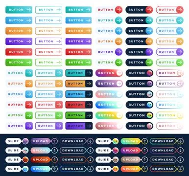 Colorful vector button set on white background. Three style Flat line gradien Illustrazione stock