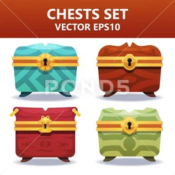 Colorful vector chests set. Assets set for game design and web application. Stock Illustration
