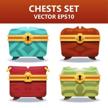 Colorful vector chests set. Assets set for game design and web application. Stock Illustration