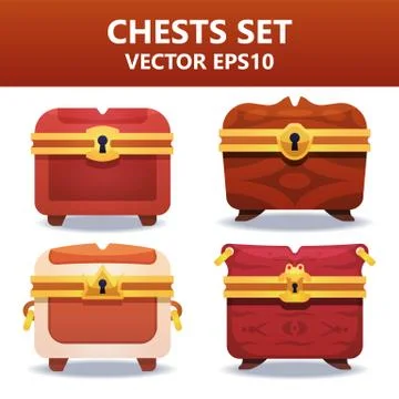 Colorful vector chests set. Assets set for game design and web application. Stock Illustration