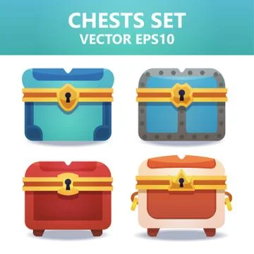 Colorful vector chests set. Assets set for game design and web application. Stock Illustration