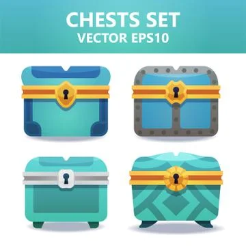 Colorful vector chests set. Assets set for game design and web application. Stock Illustration
