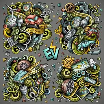 Colorful vector doodle cartoon set of Electric Vehicles designs Illustrazione stock