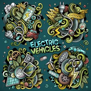 Colorful vector doodle cartoon set of Electric Vehicles designs Illustrazione stock