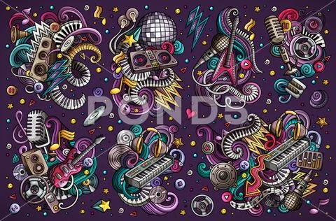 Colorful Vector Doodles Cartoon Set Of Disco Music Objects Combinations