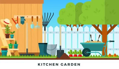 Colorful vector flat illustration of kitchen garden. Tools for gardening. Stock Illustration