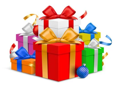 Colorful vector gift boxes, with Christmas tree balls, and ribbons, isolated on イラスト素材