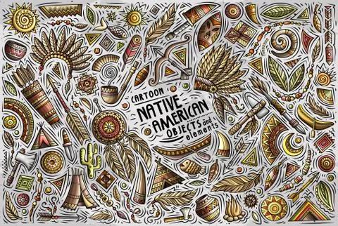 Colorful vector hand drawn doodle cartoon set of Native American objects Stock Illustration