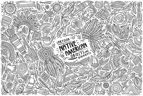 Colorful vector hand drawn doodle cartoon set of Native American objects 스톡 일러스트