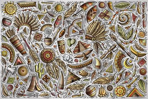 Colorful vector hand drawn doodle cartoon set of Native American objects Stock Illustration