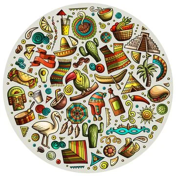 Colorful vector hand drawn doodle cartoon set of Latin American Stock Illustration