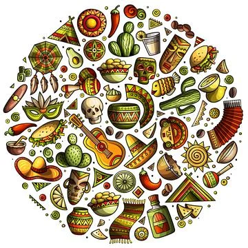Colorful vector hand drawn doodle cartoon set of Latin American Stock Illustration