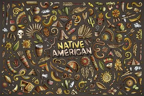 Colorful vector hand drawn doodle cartoon set of Native American objects 스톡 일러스트