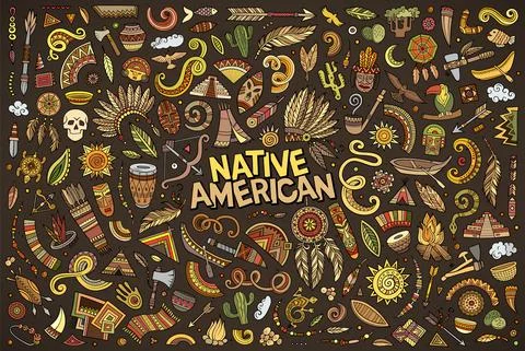 Colorful vector hand drawn doodle cartoon set of Native American objects 스톡 일러스트