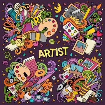 Colorful vector hand drawn doodles cartoon set of Artist combinations of objects Stock Illustration