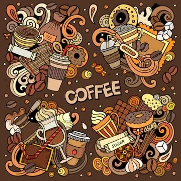 Colorful vector hand drawn doodles cartoon set of Coffee combinations of objects Stock Illustration