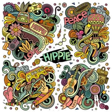 Colorful vector hand drawn doodles cartoon set of Hippie combinations of objects Stock Illustration
