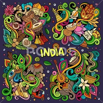 Colorful vector hand drawn doodles cartoon set of India combinations of objects Stock Illustration