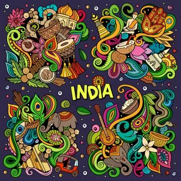 Colorful vector hand drawn doodles cartoon set of India combinations of objects 스톡 일러스트