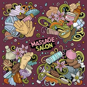 Colorful vector hand drawn doodles cartoon set of Massage combinations Stock Illustration