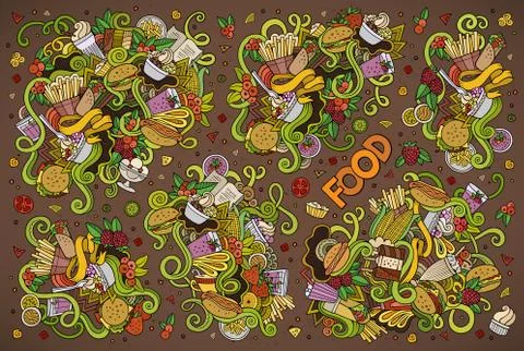 Colorful vector hand drawn doodles cartoon set of food objects Illustrazione stock
