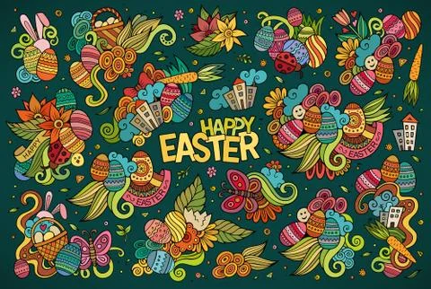 Colorful vector hand drawn doodles cartoon set of Easter objects Stock Illustration