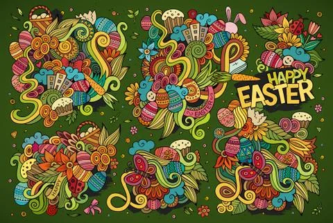Colorful vector hand drawn doodles cartoon set of Easter objects Illustrazione stock