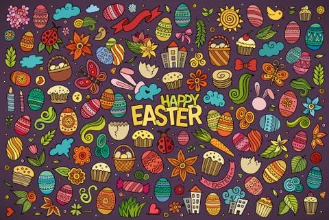 Colorful vector hand drawn doodles cartoon set of Easter objects Stock Illustration