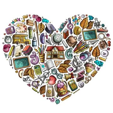 Colorful vector hand drawn set of School cartoon doodle objects Stock Illustration