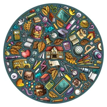 Colorful vector hand drawn set of School cartoon doodle objects 库存插图