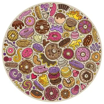 Colorful vector hand drawn set of Donuts cartoon doodle objects Illustrazione stock