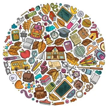 Colorful vector hand drawn set of School cartoon doodle objects Stock Illustration