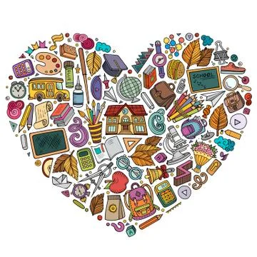 Colorful vector hand drawn set of School cartoon doodle objects Stock Illustration